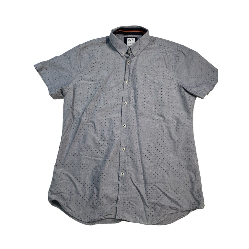 ZARA Men's Slim Fit Gray Polka Dot Button-Up Shirt Short Sleeve Size L
